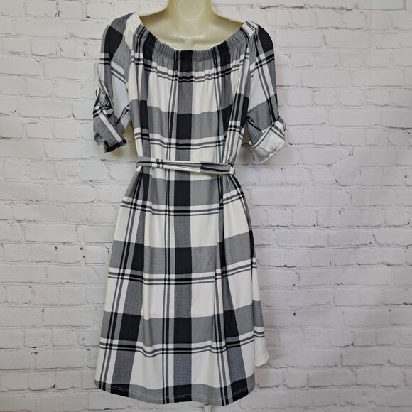 J For Justify Ultrasoft Off Shoulder Plaid Belted Dress 1X - Picture 3 of 9